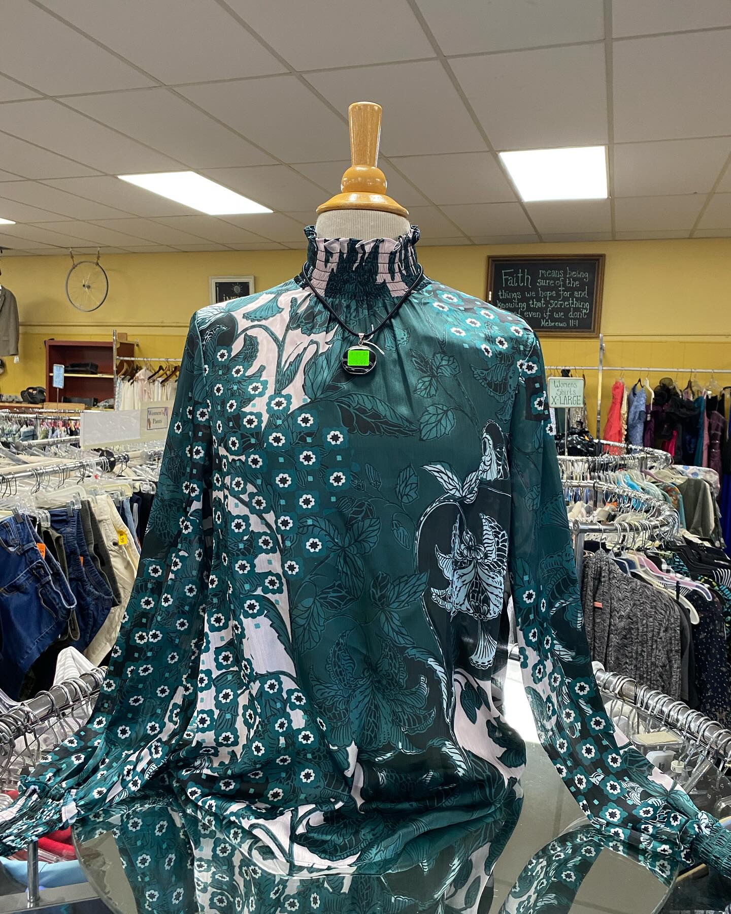 Vintage Green Floral High-Neck Blouse